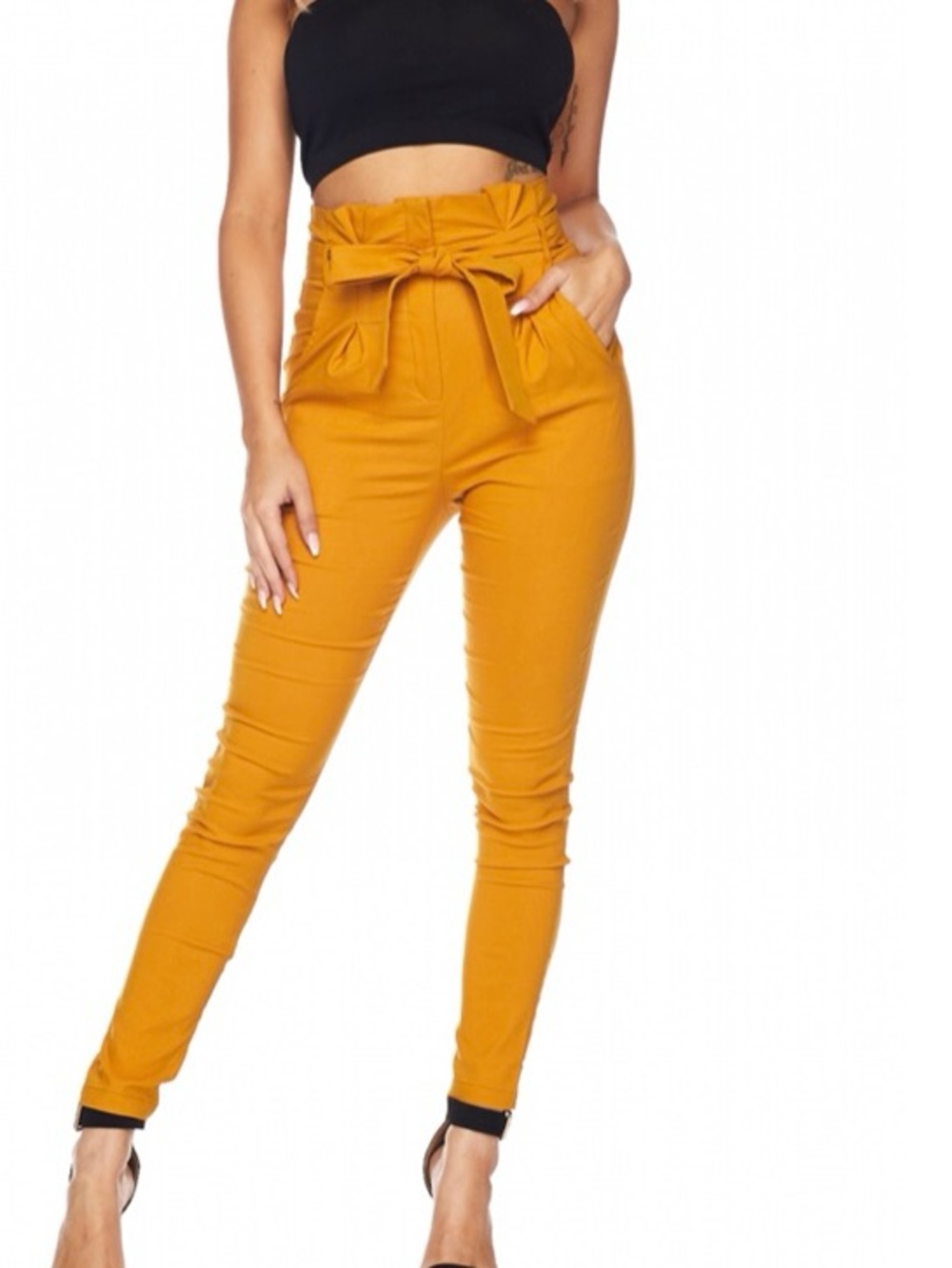 Hera Collection Mustard High-Waist Paperbag Tie Front Skinny Pants